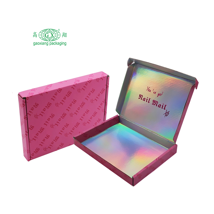 Op maat gemaakte gepersonaliseerde merk e-commerce golfkartonnen dozen kleine roze holografische verzenddoos met logo