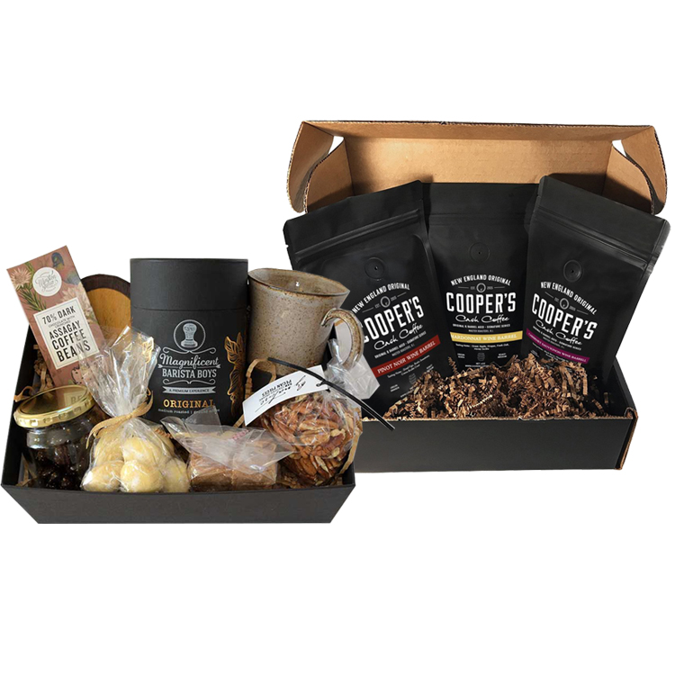 Op maat gemaakte eco zwartbruine geschenkset van golfkarton mailer postverzending verpakking papier koffie verpakking doos karton