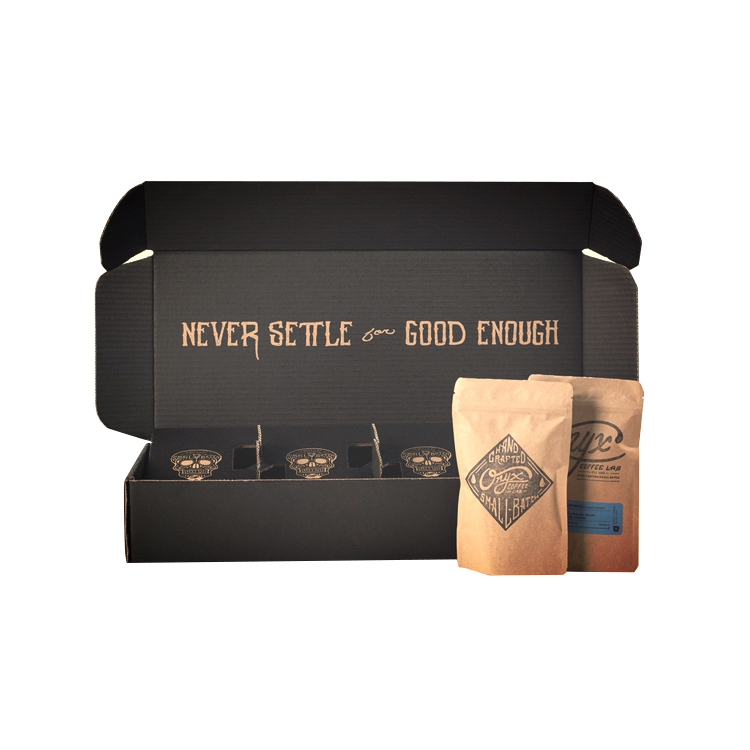 Op maat gemaakte eco zwartbruine geschenkset van golfkarton mailer postverzending verpakking papier koffie verpakking doos karton