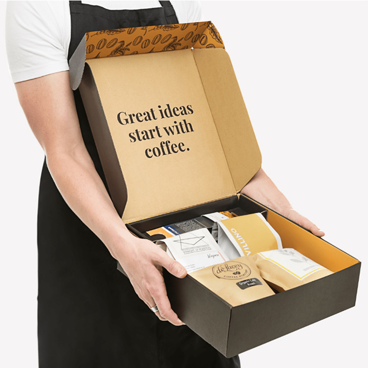 Op maat gemaakte eco zwartbruine geschenkset van golfkarton mailer postverzending verpakking papier koffie verpakking doos karton