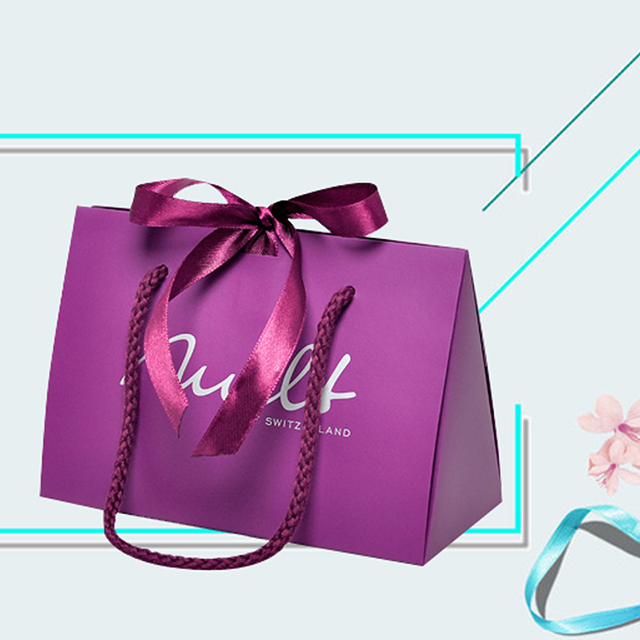 Luxe op maat bedrukte paarse volledig bedrukte kartonnen papieren zak met strikhandvat voor geschenkverpakkingen